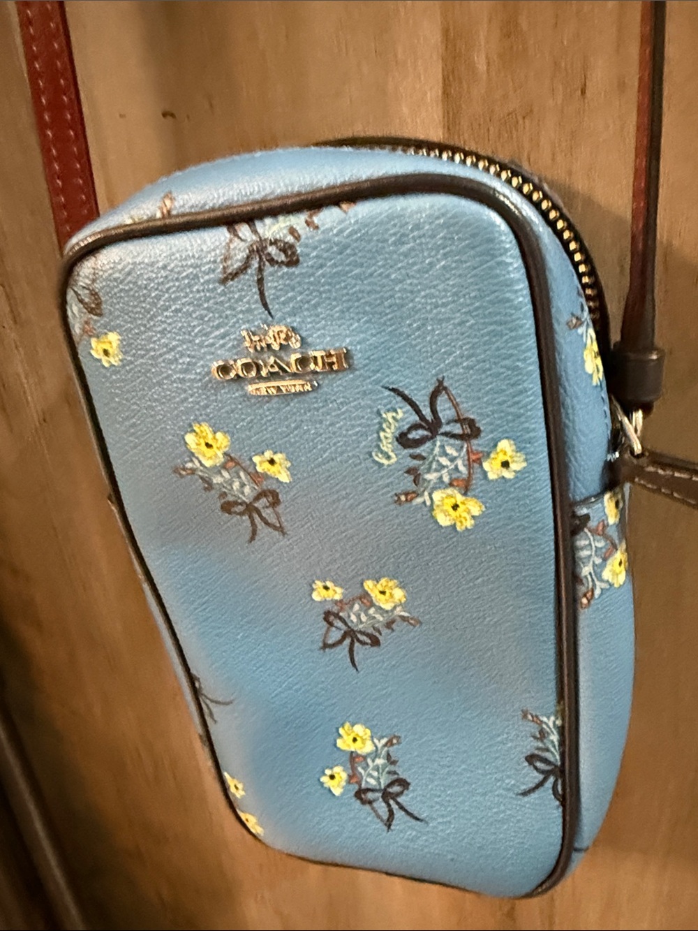 Coach Light Blue Floral Crossbody Phone Pouch